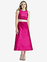Front View Thumbnail - Think Pink & Blush High-Neck Asymmetrical Shirred Satin Midi Dress with Pockets