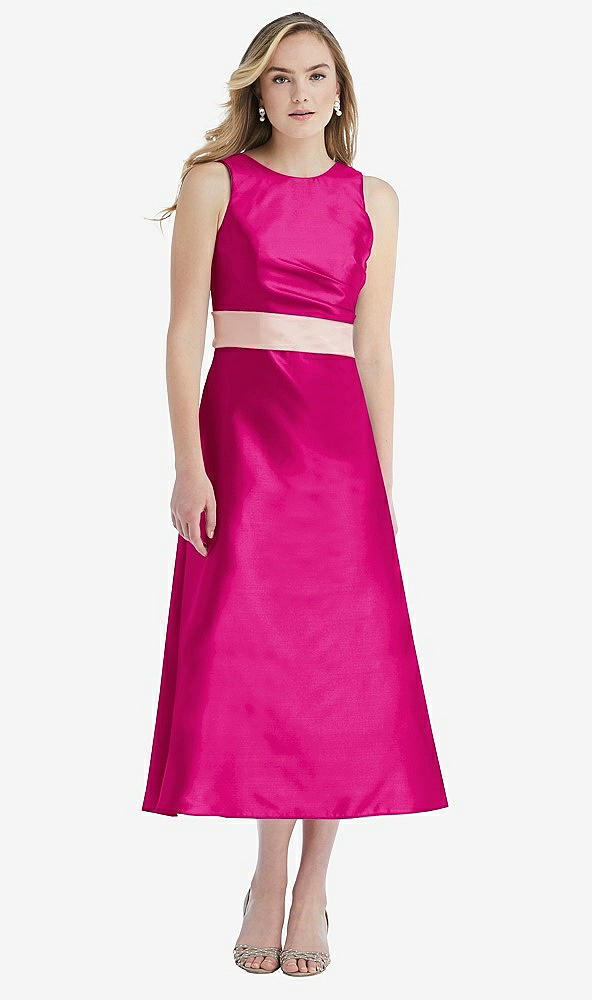 Front View - Think Pink & Blush High-Neck Asymmetrical Shirred Satin Midi Dress with Pockets