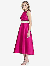 Side View Thumbnail - Think Pink & Blush High-Neck Asymmetrical Shirred Satin Midi Dress with Pockets