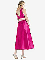 Rear View Thumbnail - Think Pink & Blush High-Neck Asymmetrical Shirred Satin Midi Dress with Pockets