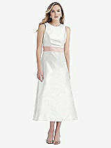Front View Thumbnail - White & Blush High-Neck Asymmetrical Shirred Satin Midi Dress with Pockets