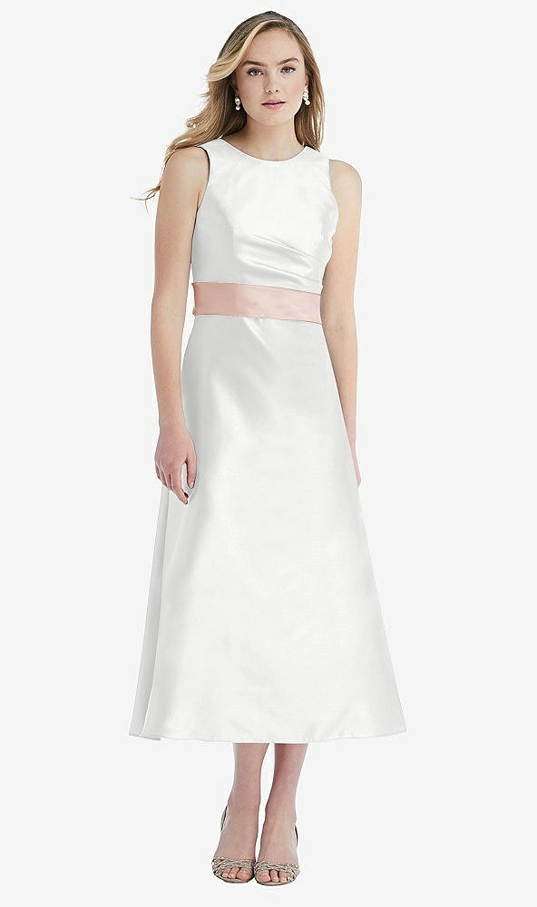 Front View - White & Blush High-Neck Asymmetrical Shirred Satin Midi Dress with Pockets