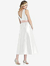 Rear View Thumbnail - White & Blush High-Neck Asymmetrical Shirred Satin Midi Dress with Pockets