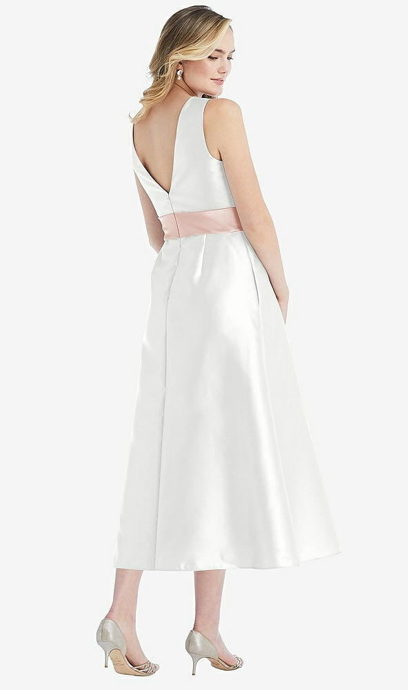 Back View - White & Blush High-Neck Asymmetrical Shirred Satin Midi Dress with Pockets