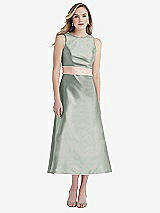 Front View Thumbnail - Willow Green & Blush High-Neck Asymmetrical Shirred Satin Midi Dress with Pockets