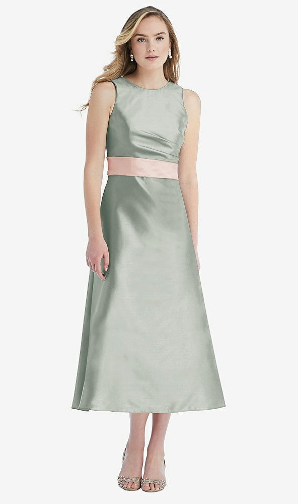 Front View - Willow Green & Blush High-Neck Asymmetrical Shirred Satin Midi Dress with Pockets