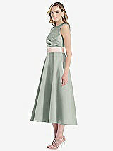 Side View Thumbnail - Willow Green & Blush High-Neck Asymmetrical Shirred Satin Midi Dress with Pockets