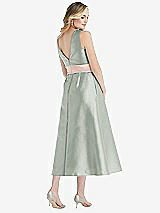 Rear View Thumbnail - Willow Green & Blush High-Neck Asymmetrical Shirred Satin Midi Dress with Pockets