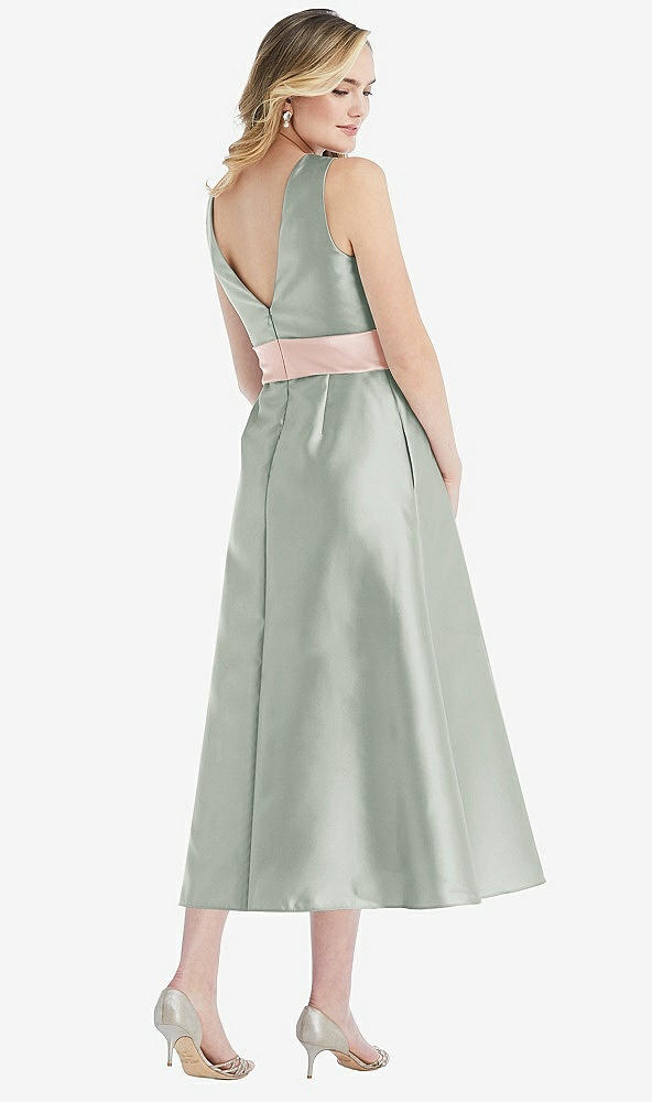 Back View - Willow Green & Blush High-Neck Asymmetrical Shirred Satin Midi Dress with Pockets