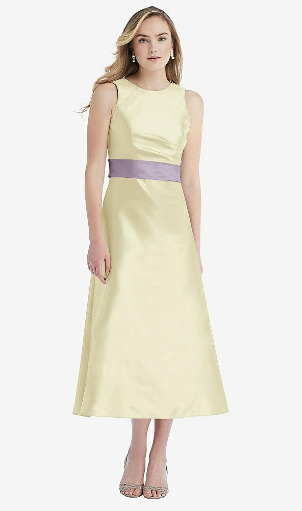 Front View - Butter Yellow & Lilac Haze High-Neck Asymmetrical Shirred Satin Midi Dress with Pockets