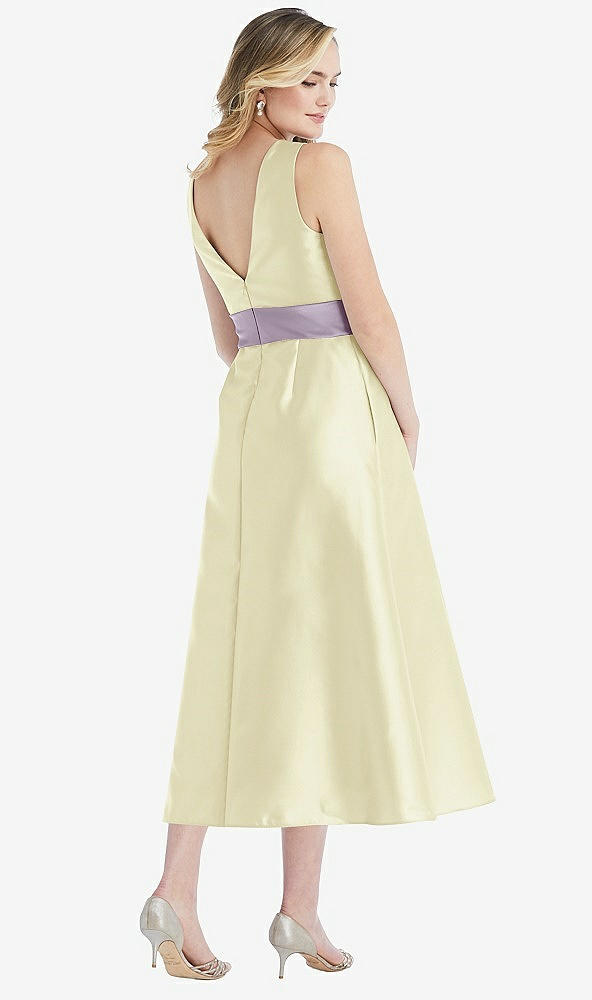 Back View - Butter Yellow & Lilac Haze High-Neck Asymmetrical Shirred Satin Midi Dress with Pockets