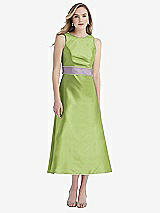 Front View Thumbnail - Mojito & Lilac Haze High-Neck Asymmetrical Shirred Satin Midi Dress with Pockets