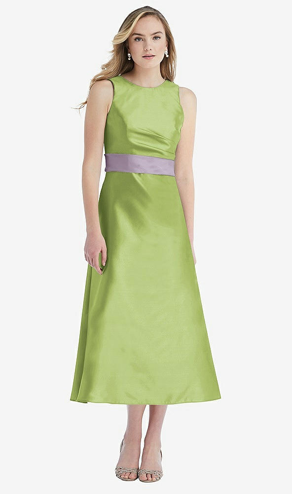 Front View - Mojito & Lilac Haze High-Neck Asymmetrical Shirred Satin Midi Dress with Pockets