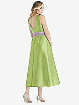 Rear View Thumbnail - Mojito & Lilac Haze High-Neck Asymmetrical Shirred Satin Midi Dress with Pockets
