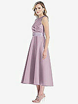 Side View Thumbnail - Suede Rose & Lilac Haze High-Neck Asymmetrical Shirred Satin Midi Dress with Pockets