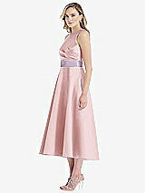 Side View Thumbnail - Ballet Pink & Lilac Haze High-Neck Asymmetrical Shirred Satin Midi Dress with Pockets