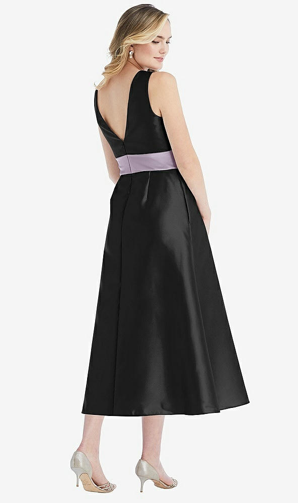 Back View - Black & Lilac Haze High-Neck Asymmetrical Shirred Satin Midi Dress with Pockets