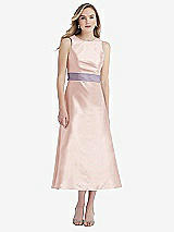 Front View Thumbnail - Blush & Lilac Haze High-Neck Asymmetrical Shirred Satin Midi Dress with Pockets