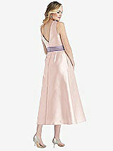 Rear View Thumbnail - Blush & Lilac Haze High-Neck Asymmetrical Shirred Satin Midi Dress with Pockets