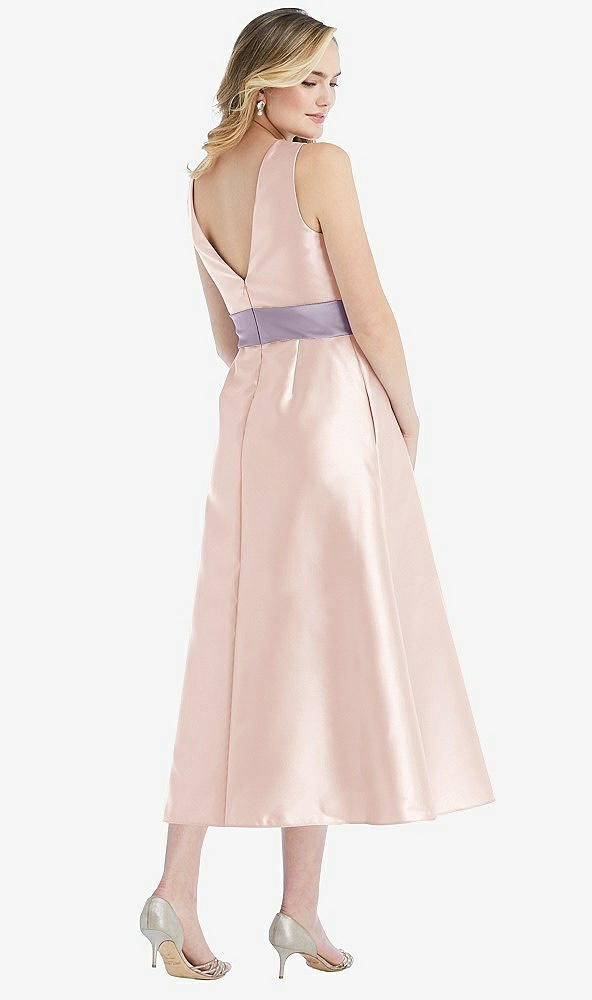 Back View - Blush & Lilac Haze High-Neck Asymmetrical Shirred Satin Midi Dress with Pockets