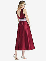 Rear View Thumbnail - Burgundy & Lilac Haze High-Neck Asymmetrical Shirred Satin Midi Dress with Pockets
