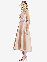 Side View Thumbnail - Cameo & Lilac Haze High-Neck Asymmetrical Shirred Satin Midi Dress with Pockets