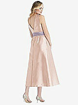 Rear View Thumbnail - Cameo & Lilac Haze High-Neck Asymmetrical Shirred Satin Midi Dress with Pockets