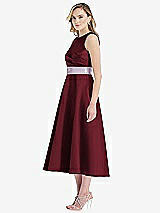 Side View Thumbnail - Cabernet & Lilac Haze High-Neck Asymmetrical Shirred Satin Midi Dress with Pockets