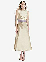 Front View Thumbnail - Champagne & Lilac Haze High-Neck Asymmetrical Shirred Satin Midi Dress with Pockets