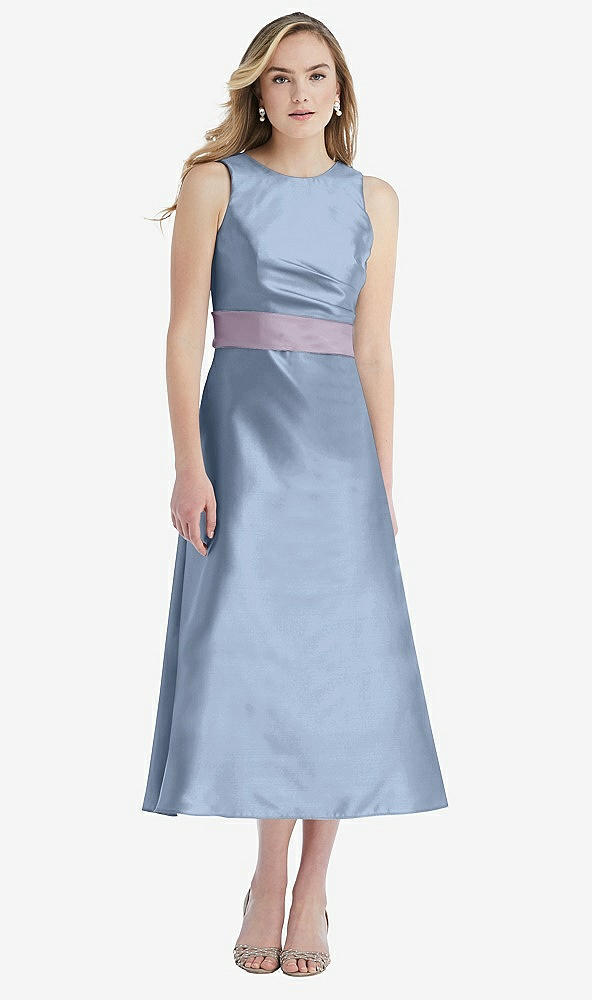Front View - Cloudy & Lilac Haze High-Neck Asymmetrical Shirred Satin Midi Dress with Pockets
