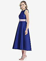 Side View Thumbnail - Cobalt Blue & Lilac Haze High-Neck Asymmetrical Shirred Satin Midi Dress with Pockets