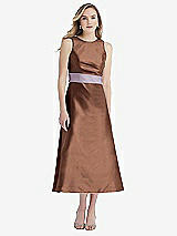 Front View Thumbnail - Cognac & Lilac Haze High-Neck Asymmetrical Shirred Satin Midi Dress with Pockets