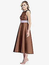 Side View Thumbnail - Cognac & Lilac Haze High-Neck Asymmetrical Shirred Satin Midi Dress with Pockets