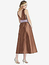 Rear View Thumbnail - Cognac & Lilac Haze High-Neck Asymmetrical Shirred Satin Midi Dress with Pockets