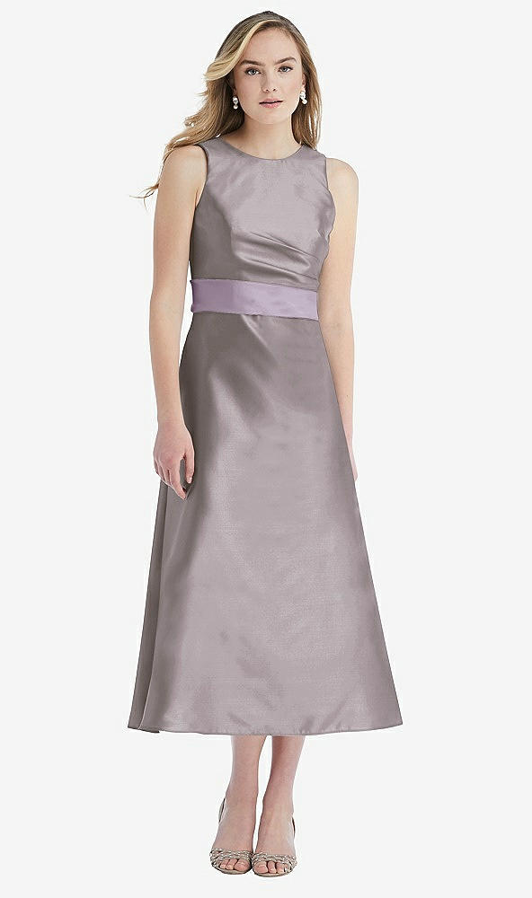 Front View - Cashmere Gray & Lilac Haze High-Neck Asymmetrical Shirred Satin Midi Dress with Pockets