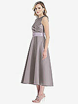 Side View Thumbnail - Cashmere Gray & Lilac Haze High-Neck Asymmetrical Shirred Satin Midi Dress with Pockets