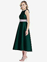 Side View Thumbnail - Evergreen & Lilac Haze High-Neck Asymmetrical Shirred Satin Midi Dress with Pockets