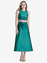Front View Thumbnail - Jade & Lilac Haze High-Neck Asymmetrical Shirred Satin Midi Dress with Pockets