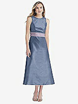 Front View Thumbnail - Larkspur Blue & Lilac Haze High-Neck Asymmetrical Shirred Satin Midi Dress with Pockets