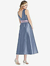 Rear View Thumbnail - Larkspur Blue & Lilac Haze High-Neck Asymmetrical Shirred Satin Midi Dress with Pockets
