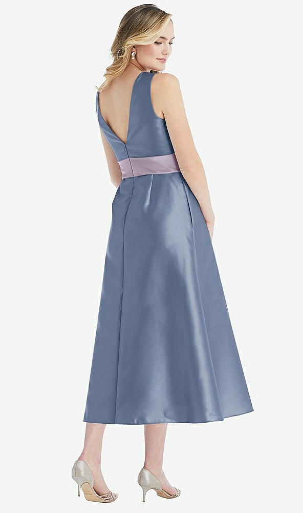 Back View - Larkspur Blue & Lilac Haze High-Neck Asymmetrical Shirred Satin Midi Dress with Pockets