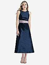 Front View Thumbnail - Midnight Navy & Lilac Haze High-Neck Asymmetrical Shirred Satin Midi Dress with Pockets