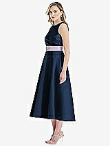 Side View Thumbnail - Midnight Navy & Lilac Haze High-Neck Asymmetrical Shirred Satin Midi Dress with Pockets