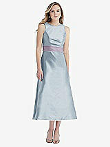 Front View Thumbnail - Mist & Lilac Haze High-Neck Asymmetrical Shirred Satin Midi Dress with Pockets