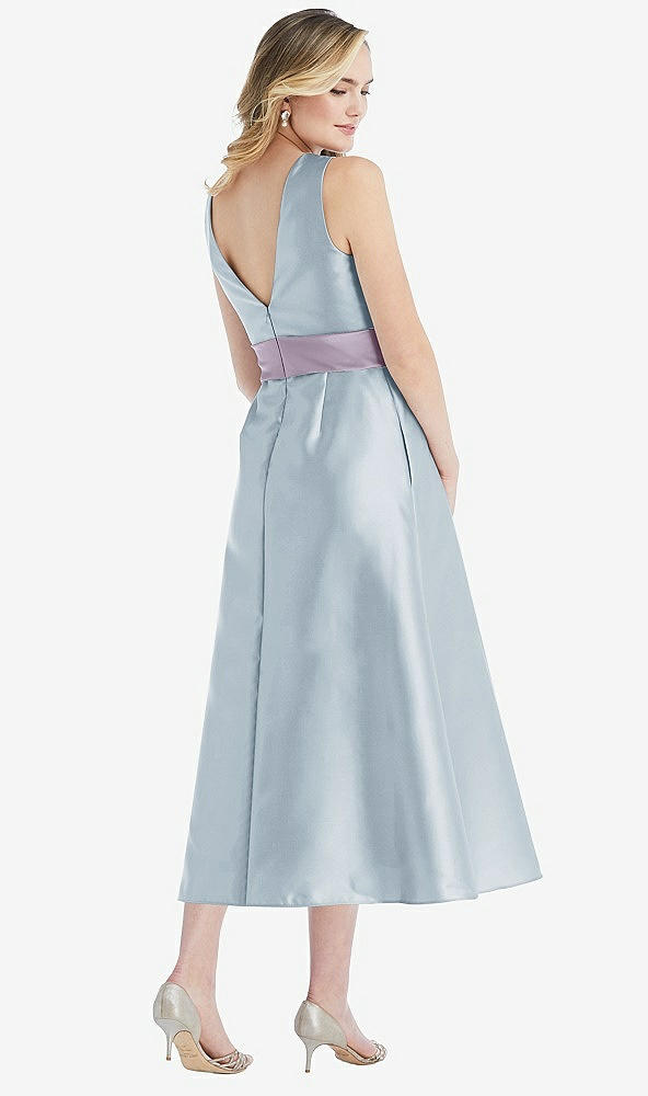 Back View - Mist & Lilac Haze High-Neck Asymmetrical Shirred Satin Midi Dress with Pockets
