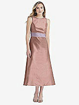 Front View Thumbnail - Neu Nude & Lilac Haze High-Neck Asymmetrical Shirred Satin Midi Dress with Pockets