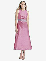 Front View Thumbnail - Powder Pink & Lilac Haze High-Neck Asymmetrical Shirred Satin Midi Dress with Pockets