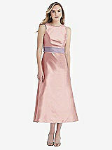 Front View Thumbnail - Rose & Lilac Haze High-Neck Asymmetrical Shirred Satin Midi Dress with Pockets