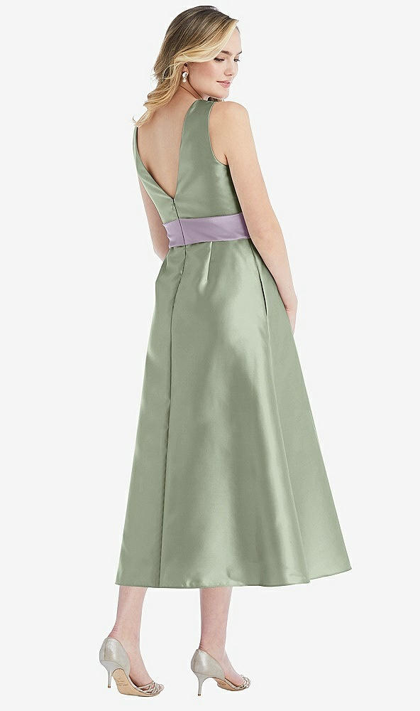 Back View - Sage & Lilac Haze High-Neck Asymmetrical Shirred Satin Midi Dress with Pockets