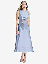 Front View Thumbnail - Sky Blue & Lilac Haze High-Neck Asymmetrical Shirred Satin Midi Dress with Pockets